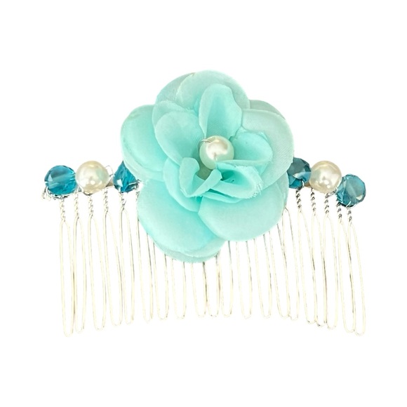Elegant Silver Beaded Hair Comb with Aqua Flower 3.0” - Picture 3 of 5